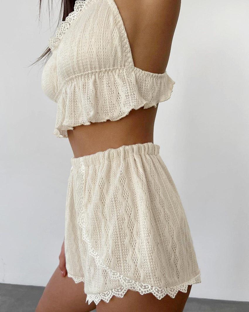 Lace Patchwork Pajamas Sets Hollow Out Crop Top Sleep Spaghetti Strap Night Shorts Nightie Suits