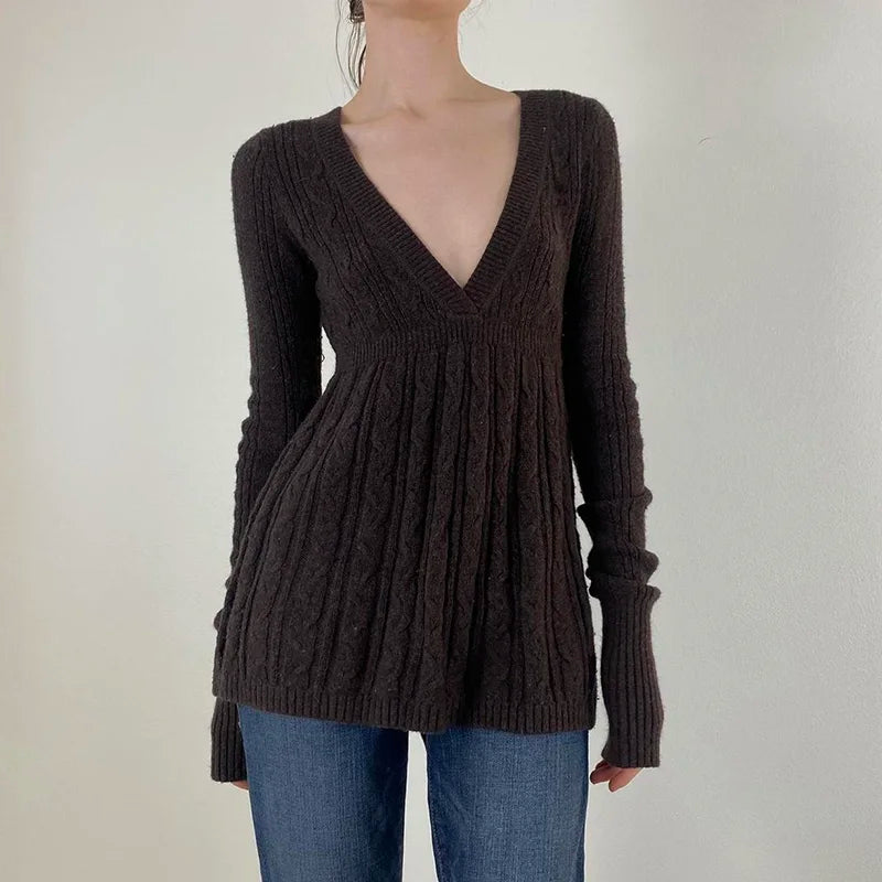 Knitted Sweaters Long Sleeves Slim s Loose Hem Brown Pull Top