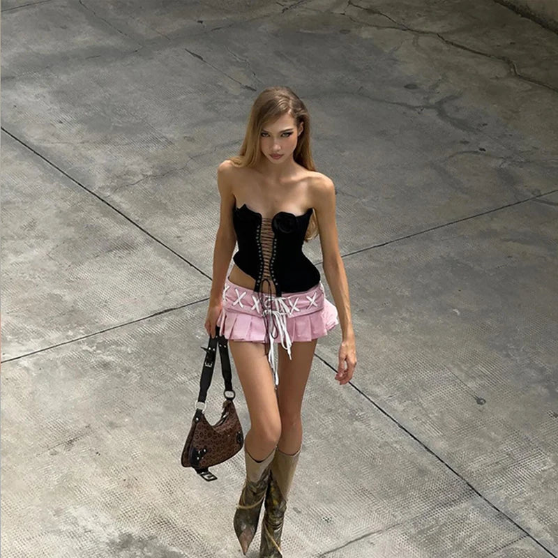 3D Flower Cross Corset Bra Y2k Soild Irregular Sleeveless Tank Top for Street