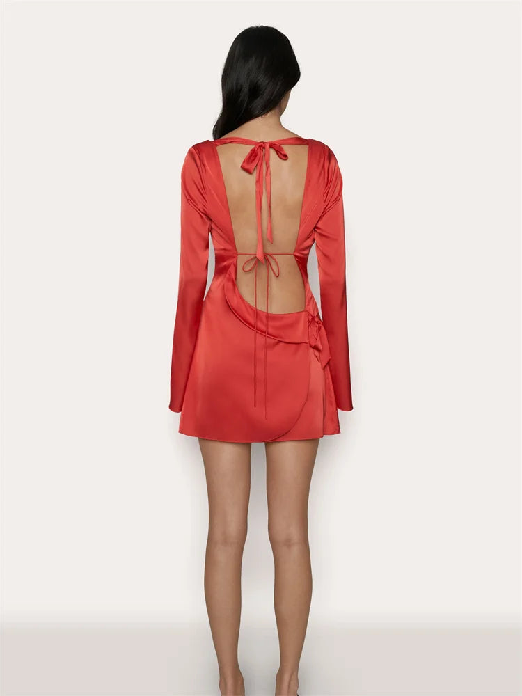 Satin Hollow Out Backless O-Neck Dress Long Sleeve Pullover Slim Fit Short Night Dress