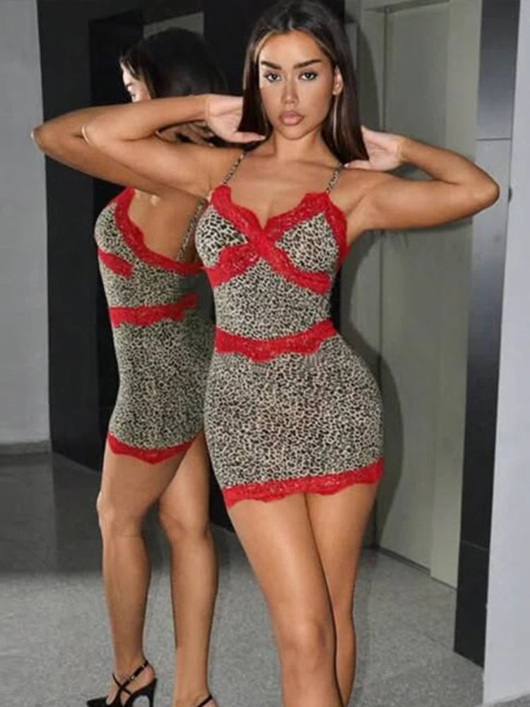 Leopard Print Dress Backless Red Lace Patchwork Sleeveless Stretch Bodycon