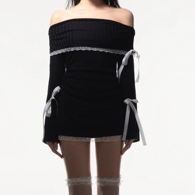 Black Lace Patchwork Bow Mini Dress