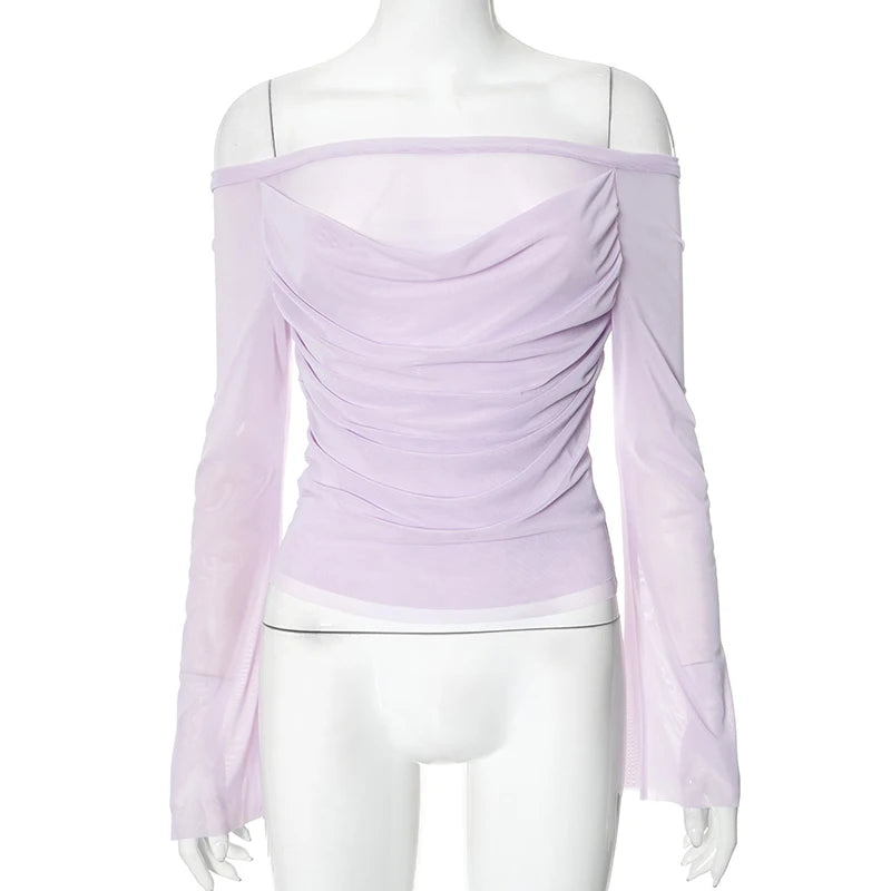 Looe Long Sleeve Meh One-Shoulder Top Light Slightly Tranparent Slim Pure Deire Wind Top
