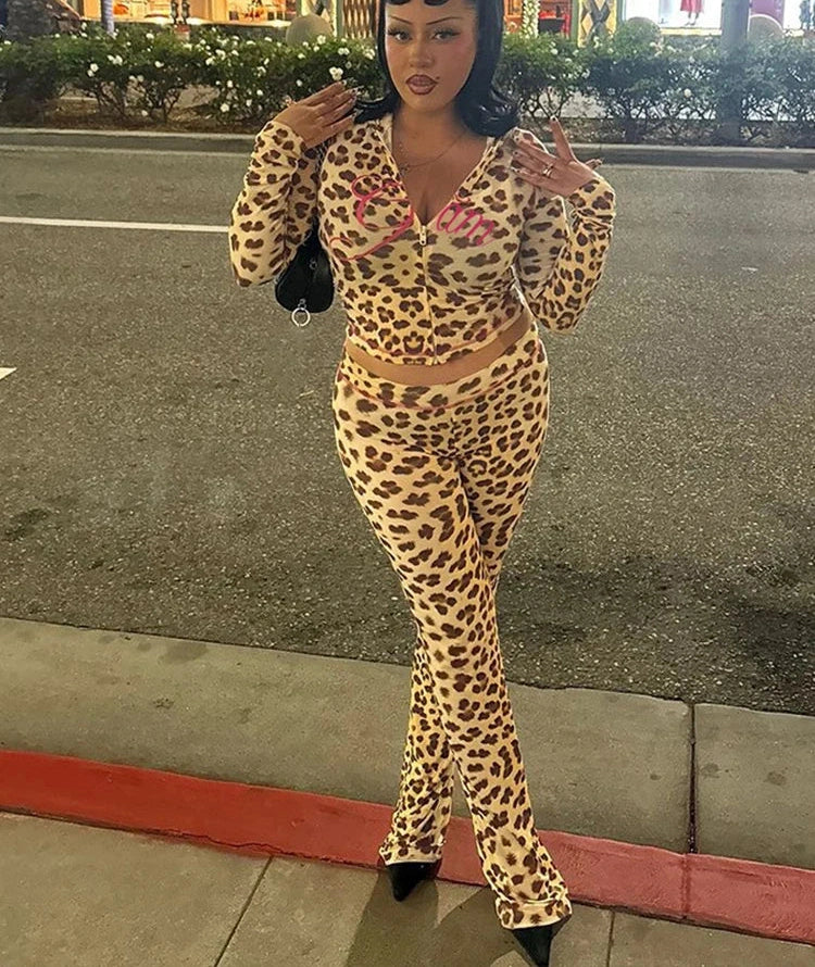 Leopard Crop Jacket Flared Pants Two Piece Set