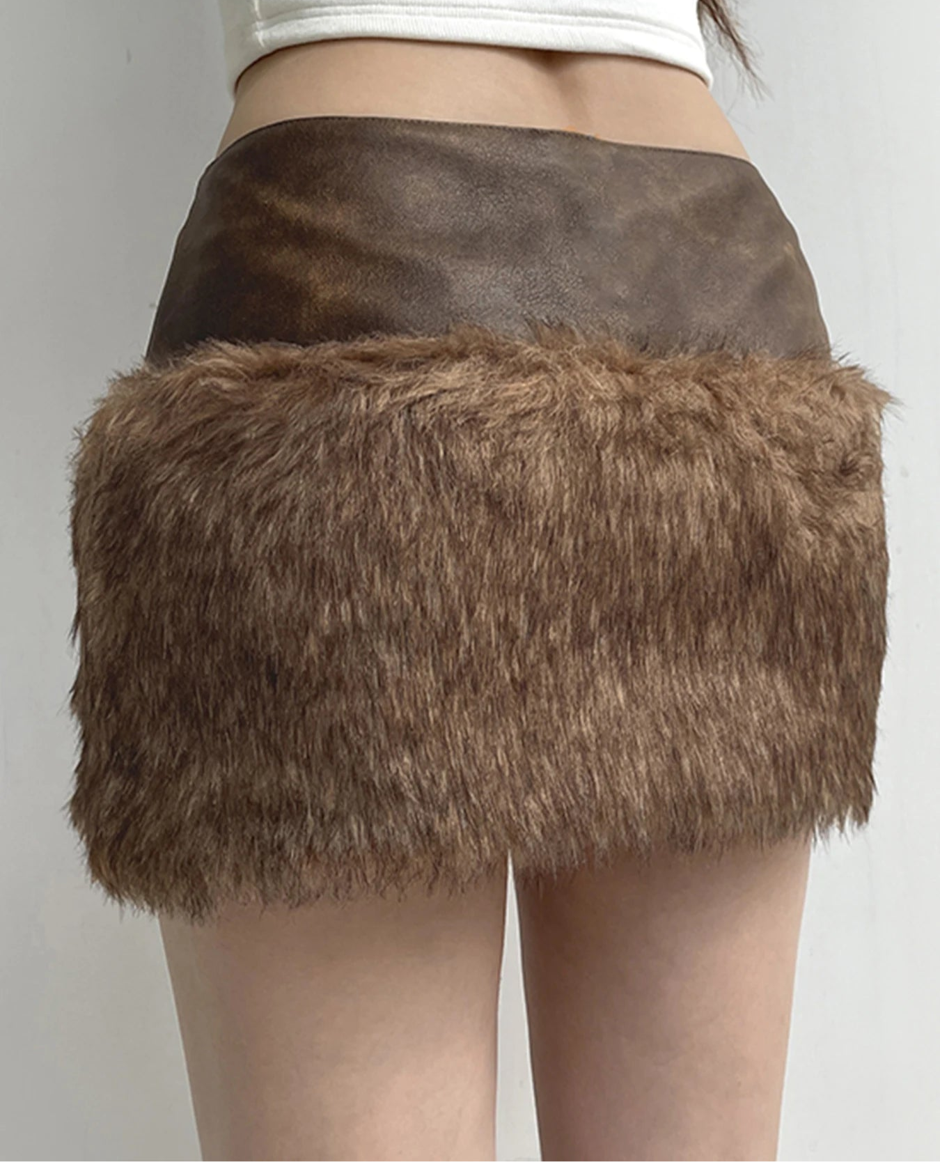 Brown Pu Leather Furry Mini Skirt