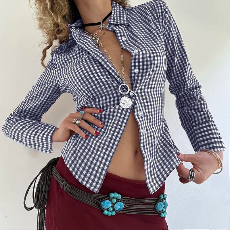 Plaid Button Up Bloue Turn-down Neck Shirt Top