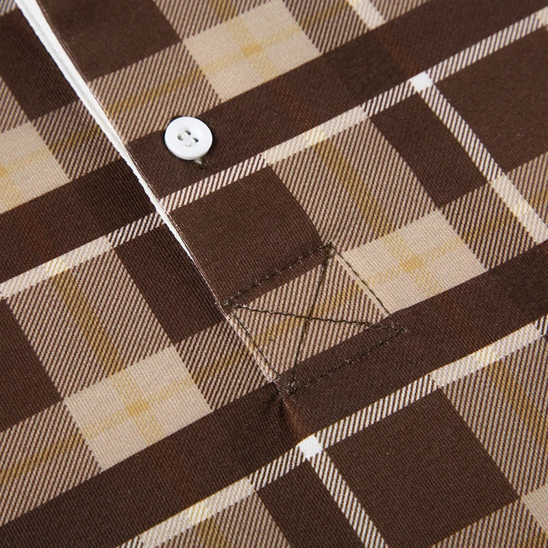 Retro Plaid Pullovers Turn-down Collar Loose Sweatshirts Brown