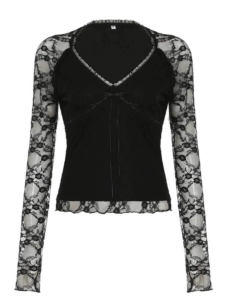 Lace Patchwork Long Sleeves Slim Tee Shirts V-neck Bow Black Top
