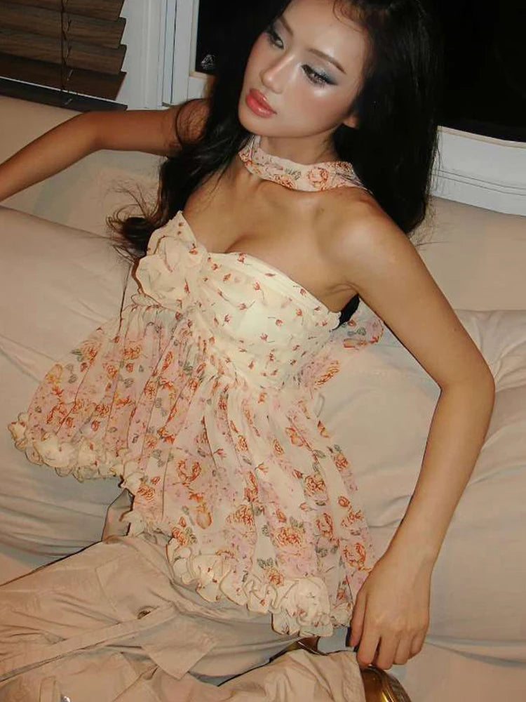 Patchwork Sweet Wrap Top Scarf Floral Ruffles printing Irregular Hem Three-Dimensional Flower Decoration Bandeau