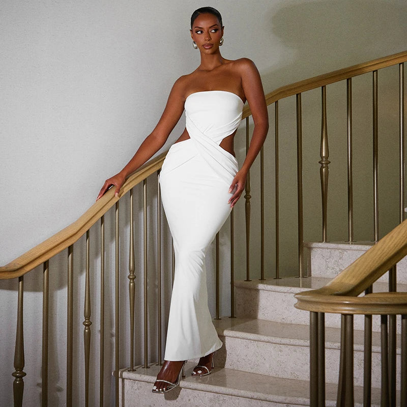 'S Strapless Backless Waistless Hollow Out Cross Slim Open Long Dress Dress