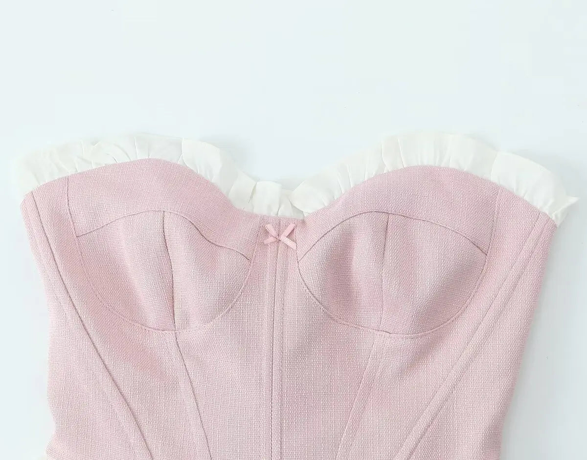 Sweet Patchwork Fish Bone Slim Fit Strapless Top Crop Top
