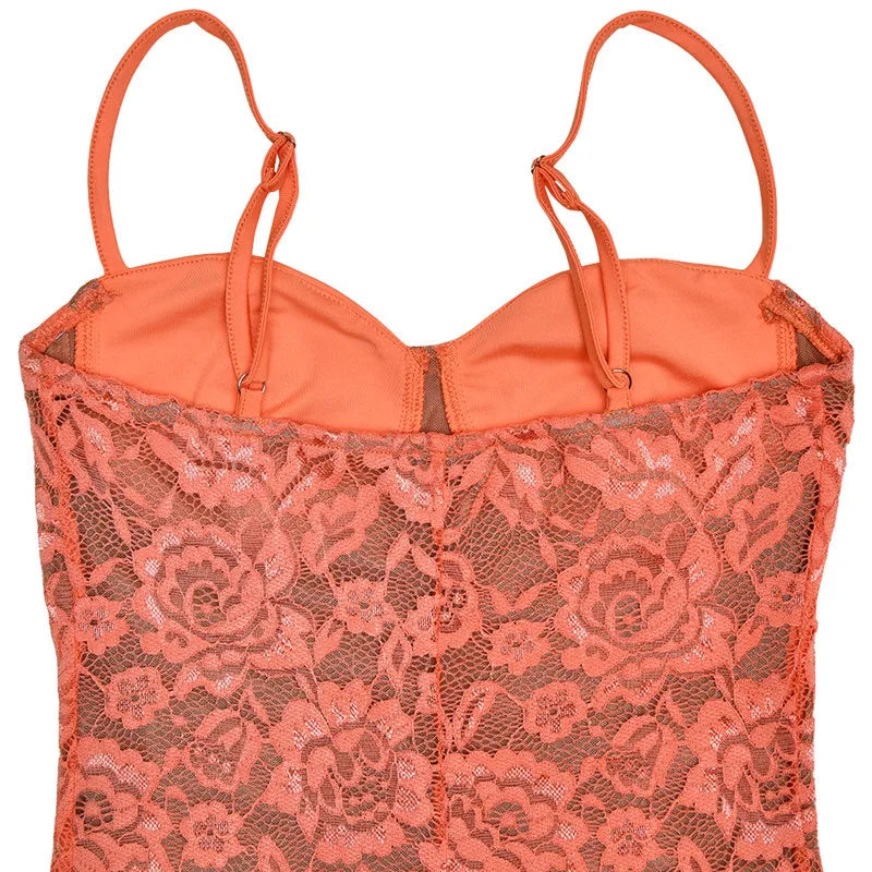 Floral Lace Maxi Dress For Orange Spaghetti Strap Sleeveless Backless Bodycon Long Dress
