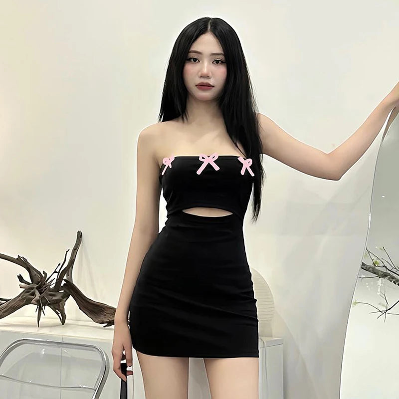 Kawaii Bow Mini Dress Korean Lace Trim A-Line Dress Fairycore 00S Y2K Coquette