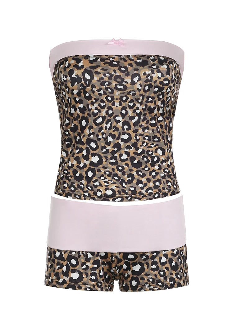 Leopard Patchwork Slim Two Piece of Set Tube Top and Low Wait Short Suit
