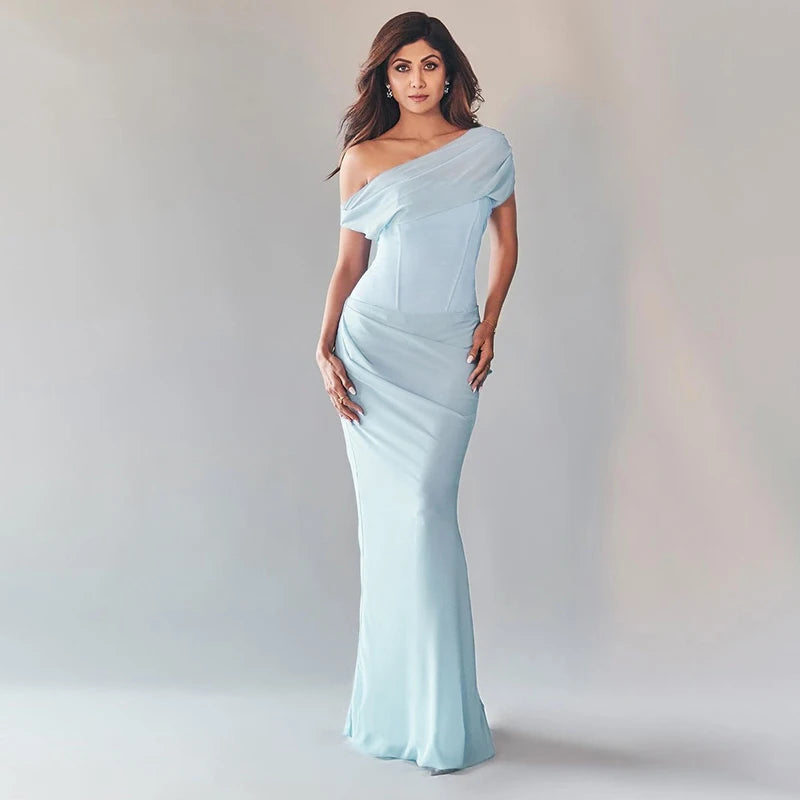'S Diagonal Collar Sleeveless Strapless Mesh Patchwork See-Through Fishtail Evening Dress