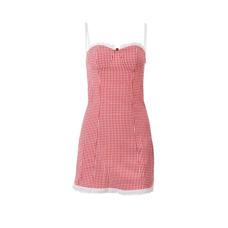 Plaid Lace Mini Backless Slim Dress