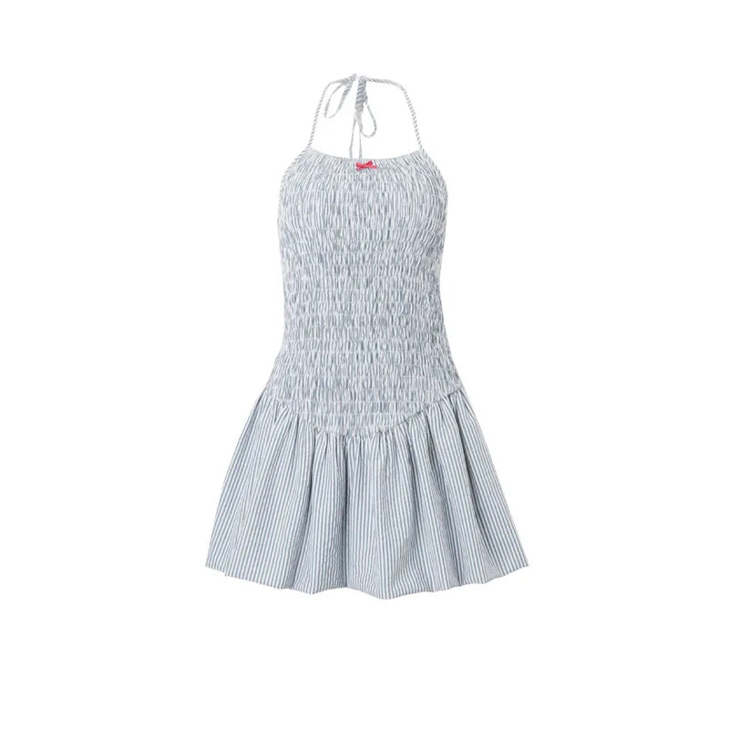 Striped Halter Ruched Off Shoulder Mini Dress Backless Dress