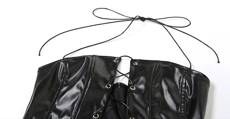 Black Faux Leather Hollow Two Piece Set