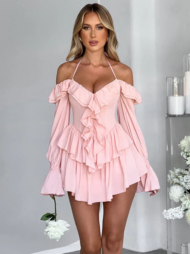 Halter Ruffle Flare Sleeves Mini Dress