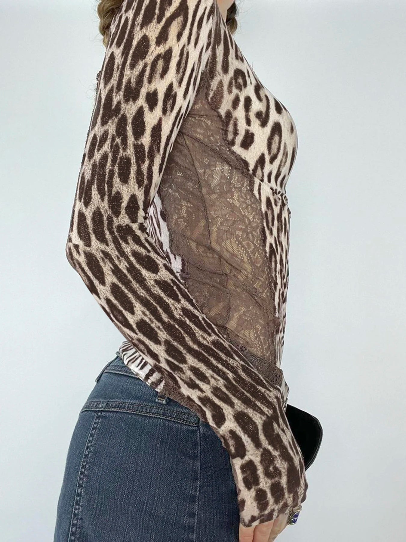 Leopard Print 's Top Tee Lace Patchwork Brown Slim Shirts Long Sleeves Crewneck