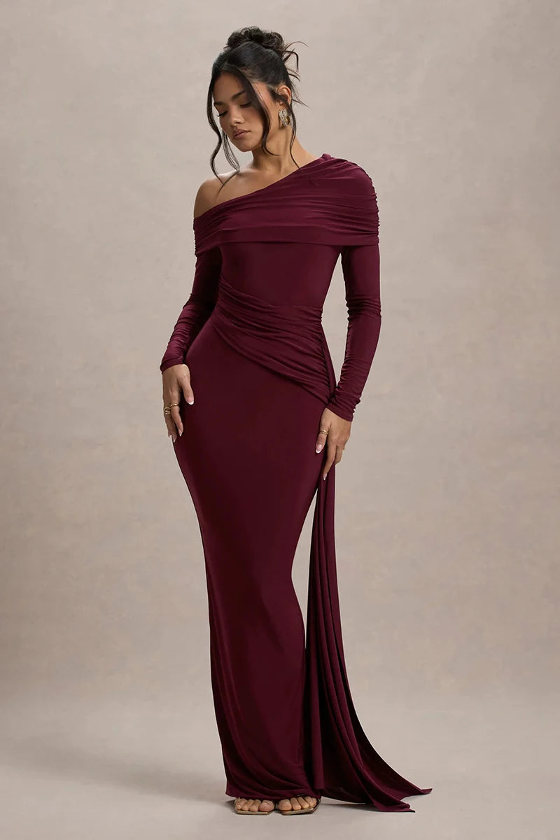 Skew Collar Long Sleeve Maxi Dress Gown Backless Draped Ruched Bodycon Long Dress