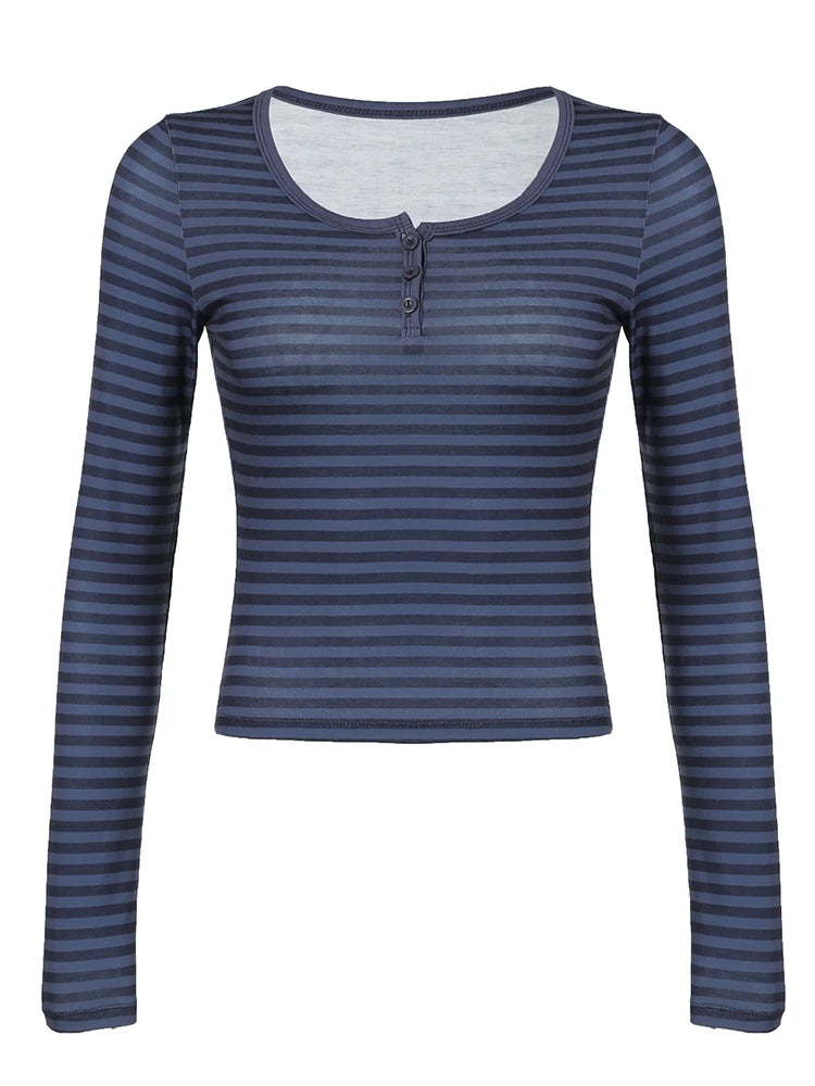 Strip Tee Shirt Button Up Slim Crewneck Top