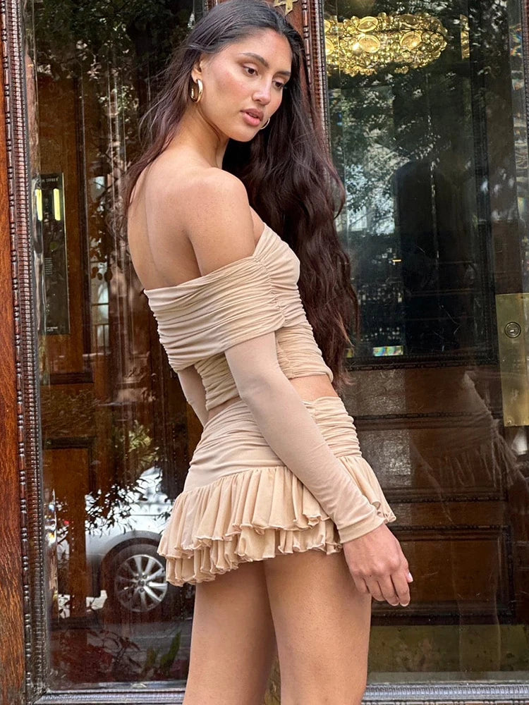 Strapless Two Piece Sets Skirt Suit Khaki Long Sleeve Top Ruffle Skirt Slim Skirt Sets