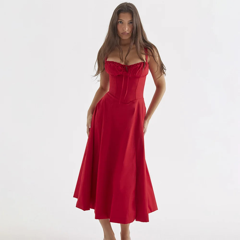 Floral Dress Midi Spaghetti Strap Lace Up Dress A Line