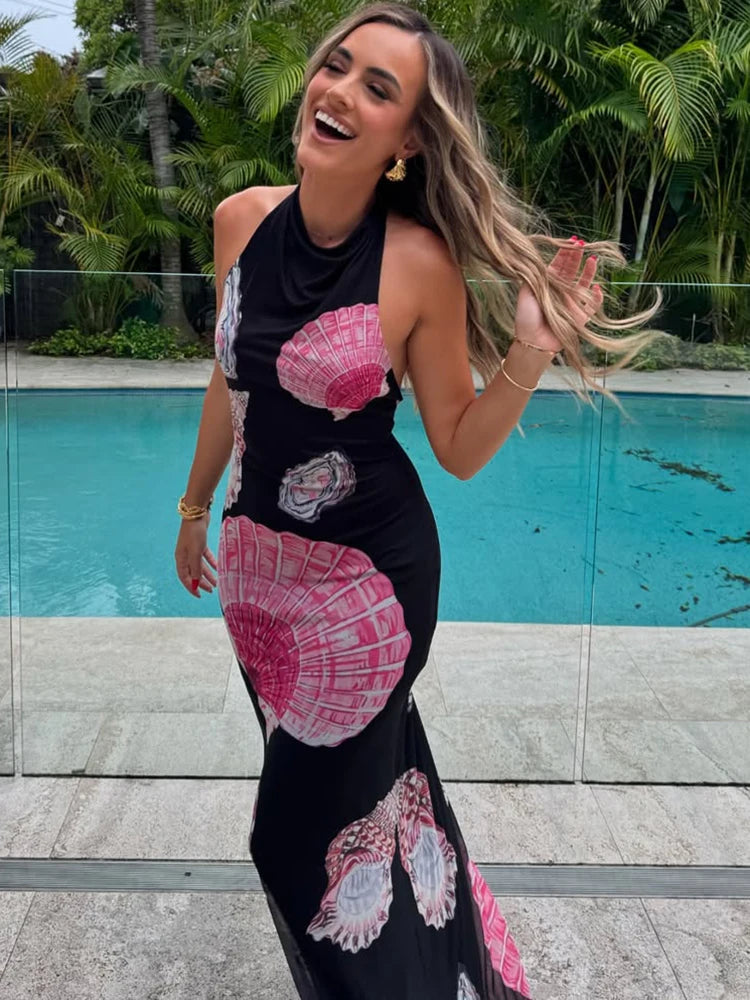Shell Backless Halter Maxi Dress Sleeveless High Waist Dress