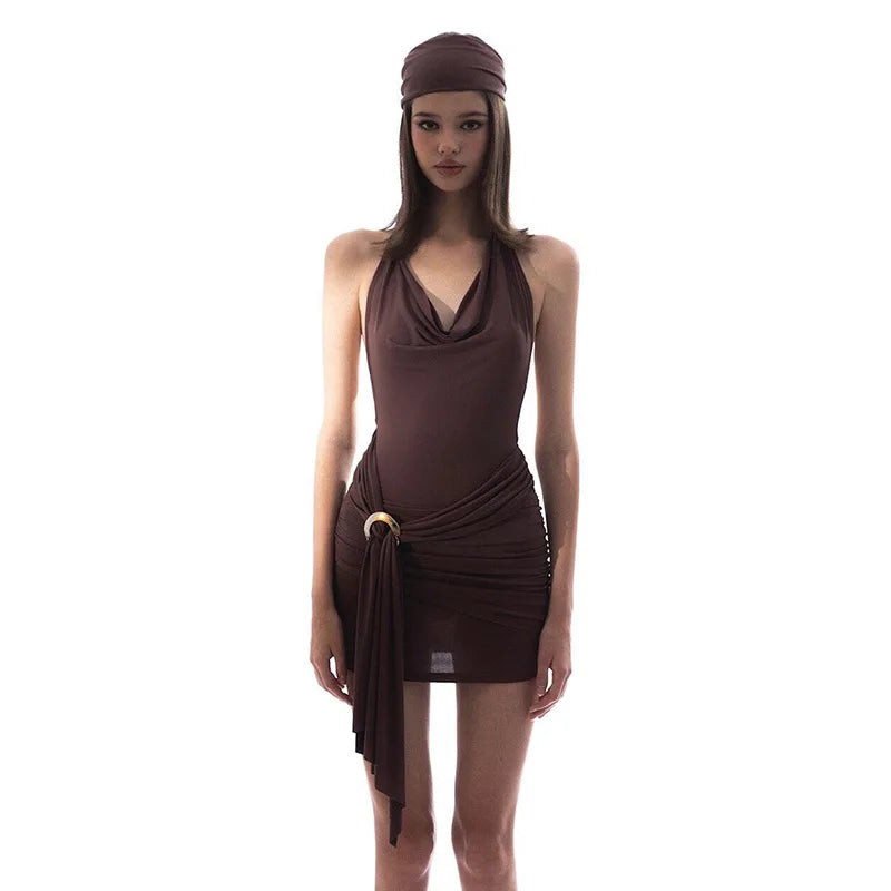 Brown Low-cut Backless Pleated Slim Mini Dress