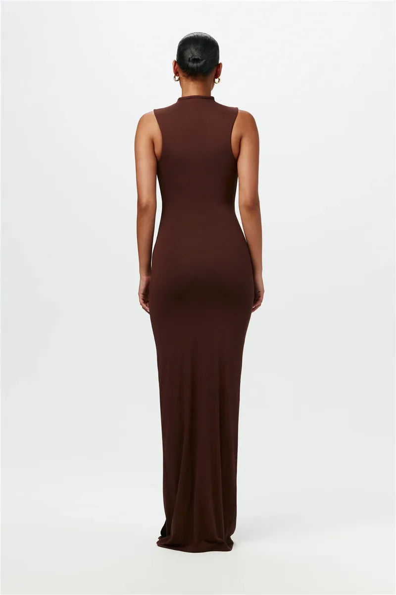 Half High Collar Irregular Tank Dress Sleeveless Bodycon Ruched Long Dress