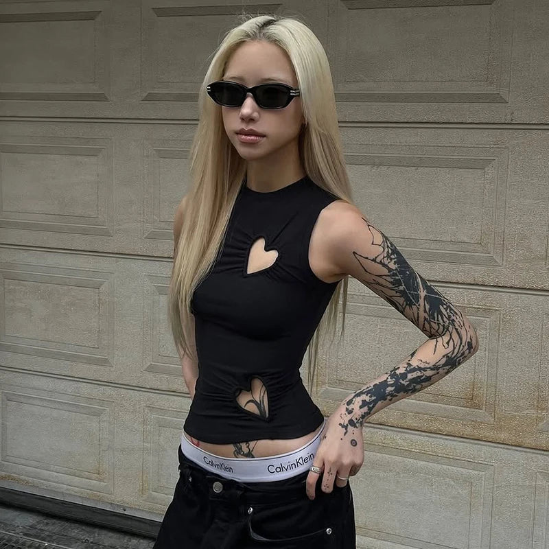 'S Color Irregular Pleated Waisted Loving Hollow Out Round Neck Vest tie Girls heart