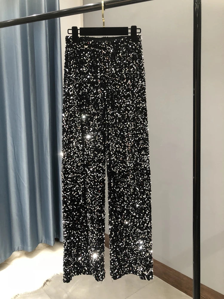 The Trendy Sparkling Gold Pants Relaxation of Tall Waist Wide-legged Pants South Korean