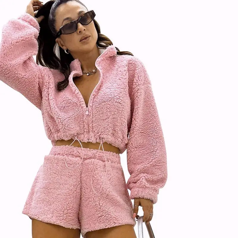 Furry Two Piece Set Trackuit Long Sleeve with Zipper Sweathirt Top Wait Set