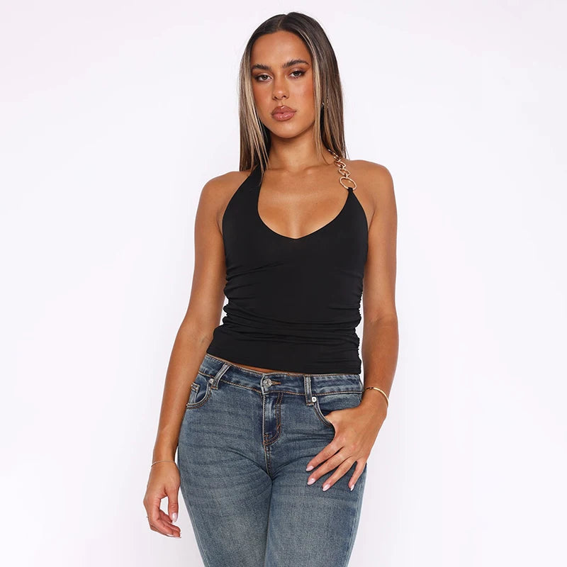 V-Neck Circle Hanging Neck Backless Top
