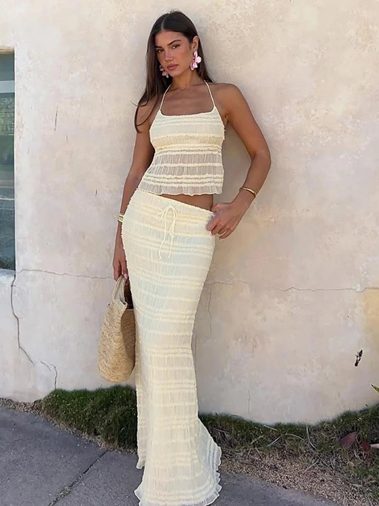 Chiffon Backless Ruched Skirt Suit Apricot Spaghetti Strap Top Long Skirt Slim