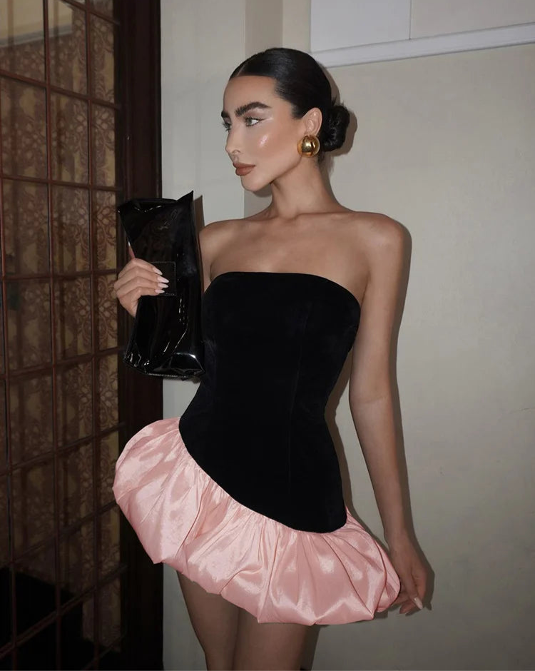Puffy Dress Irregular Velvet Patchwork Strapless Banquet Bodycon