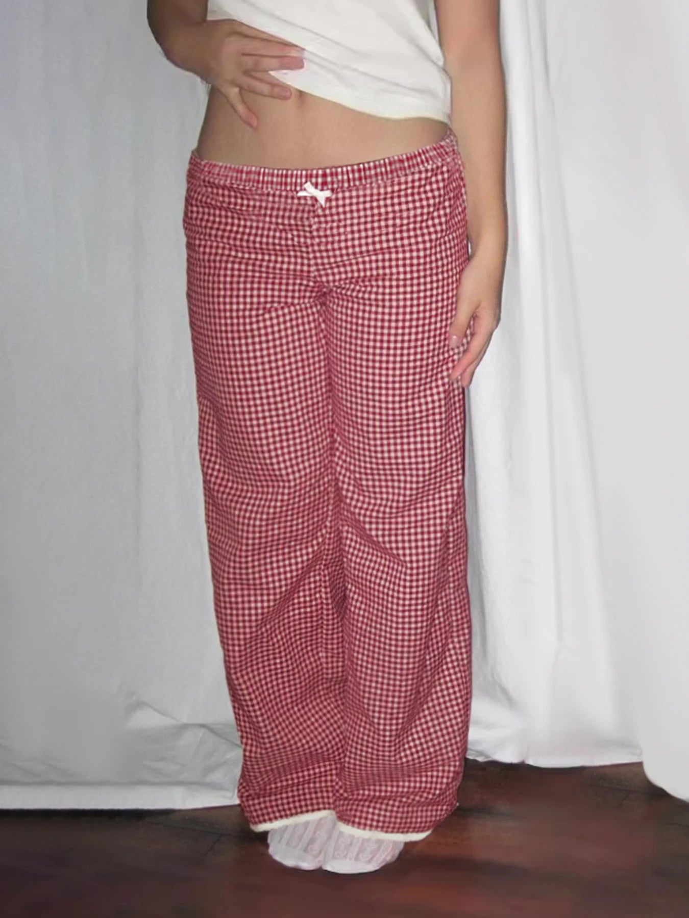 Plaid Straight Pant Lace Patchwork Bow Baggy Trouer Jogger Bottom