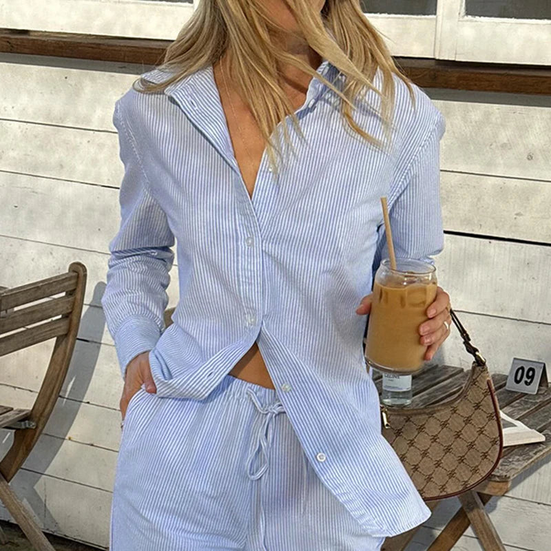 Loose Blouses Striped Print Turn-down Neck Shirts Button Up