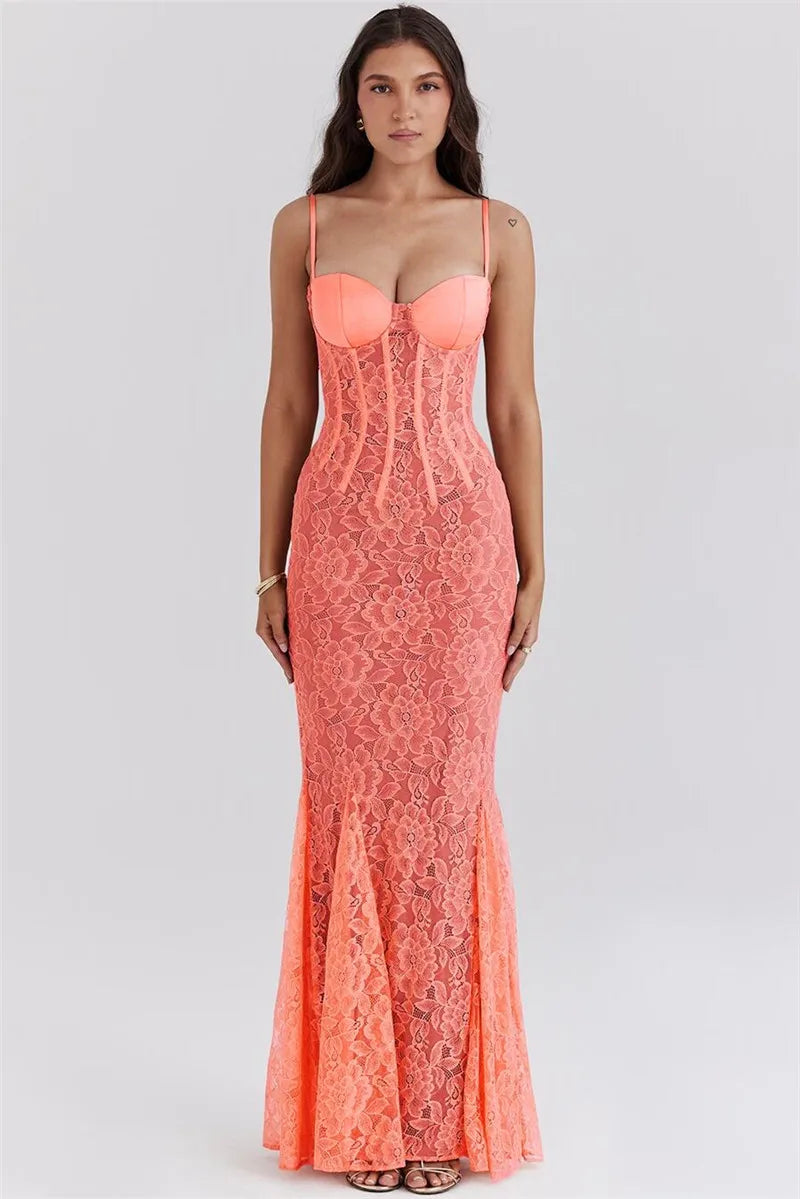 Floral Lace Maxi Dress For Orange Spaghetti Strap Sleeveless Backless Bodycon Long Dress