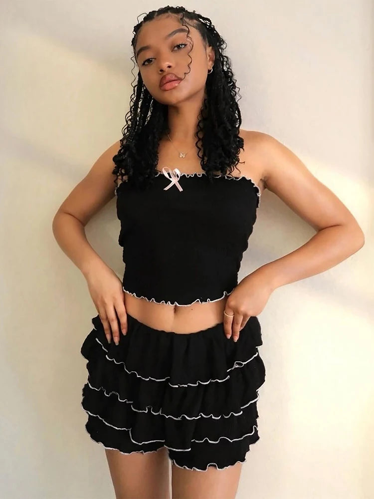 2 Pcs Sets Black Bow Strapless Crop Tank Top Pleated Skirts Festiv