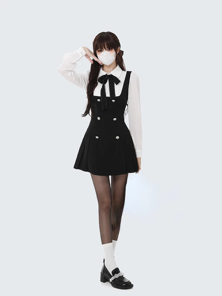 Fake Two Dress Slim Chic Long Sleeve Bow Casual Y2k Mini Dress Korean Short Dress