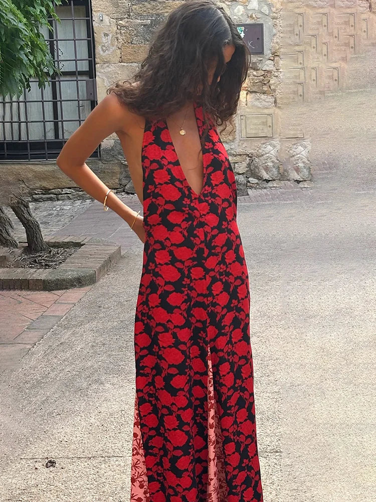 Polka Dot Halter Backless Slim Maxi Dress