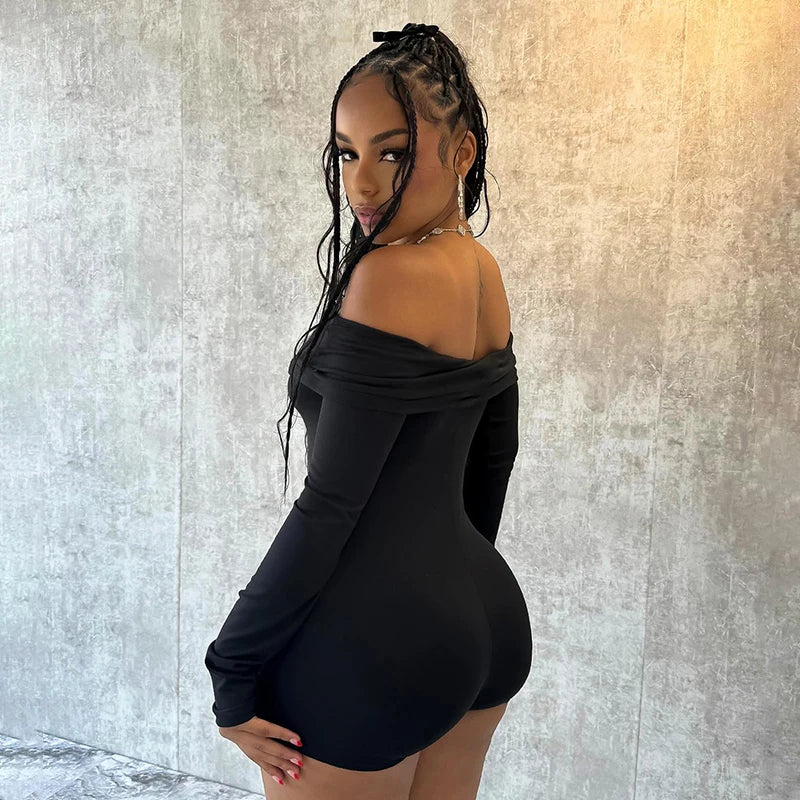 Off Shoulder Pleat Full Sleeve Sporty Playuit Wrap Chet Backless Skinny One Piece Romper