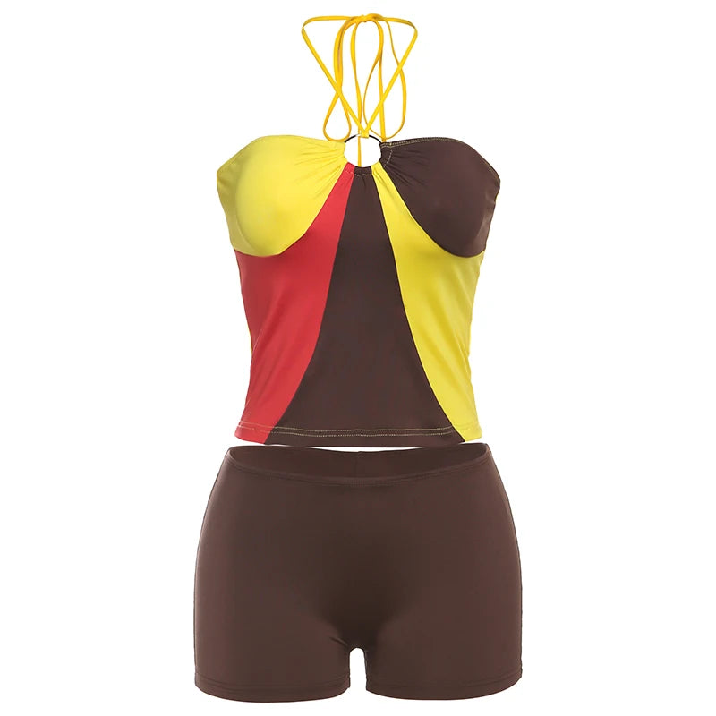 Two Piece Set Ring Clasp Halter Camisole Top Shorts Street Matching Stretch