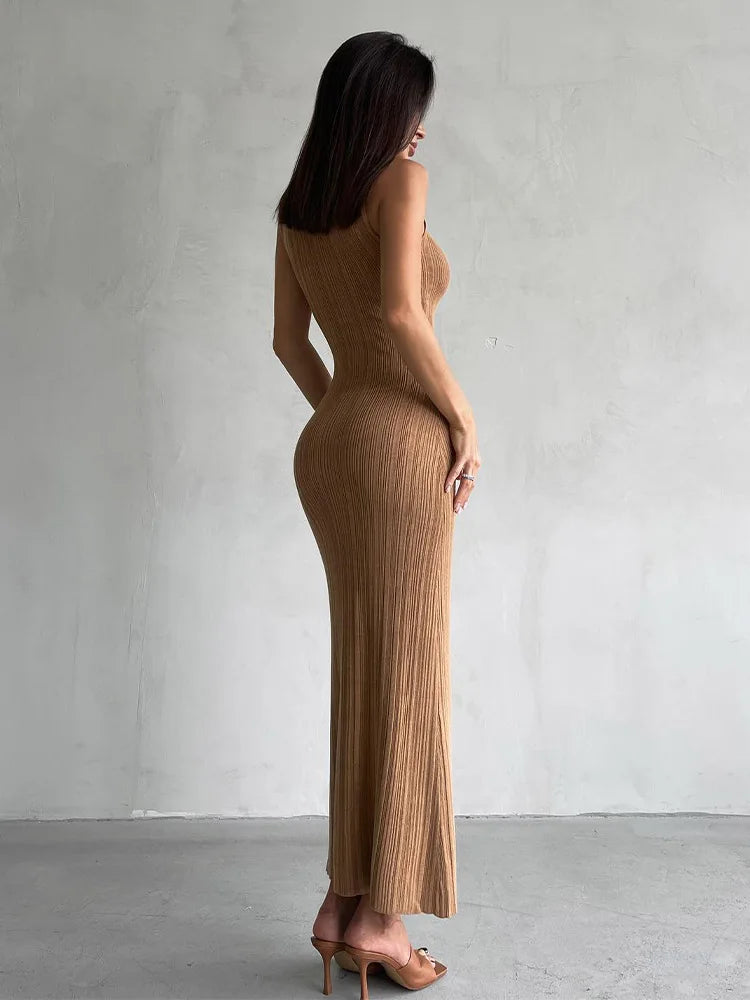 Sleeveless Knit Turtleneck Long Dress Slim Ribbed Knit Dress Maxi Dress
