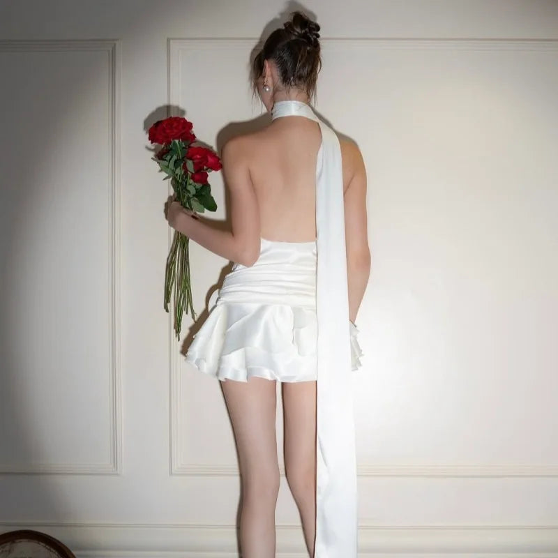 White Satin Backless Mini Dress