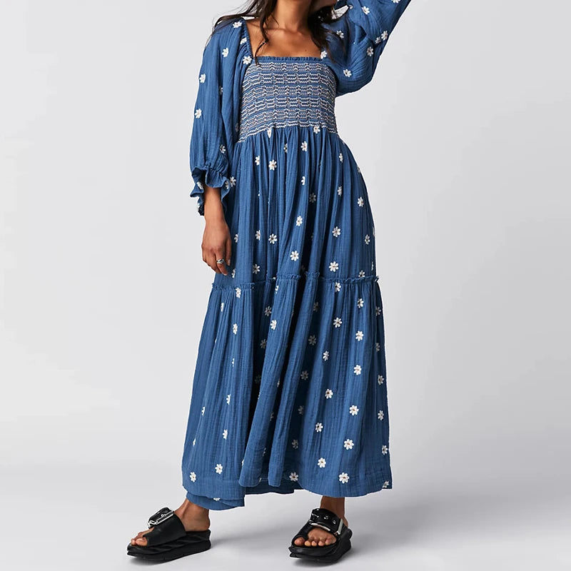 Ruffle Swing A Line Maxi Dress Bohemian Floral Dress Square Neck Long Sleeve Dress