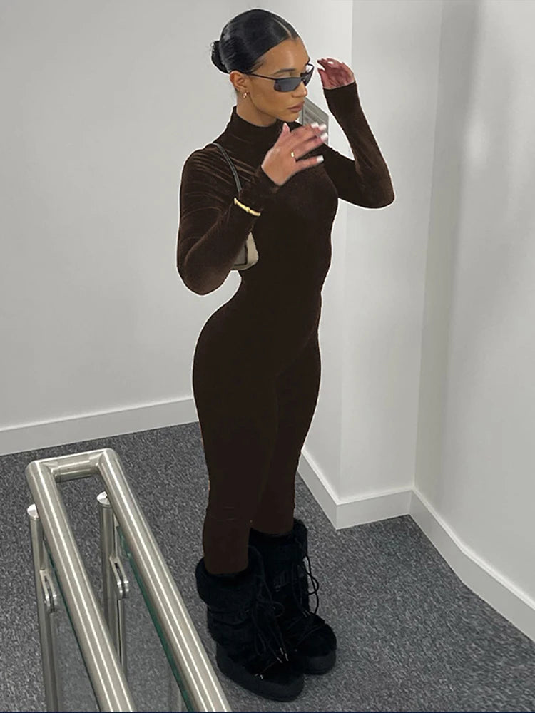 Velvet Long Sleeve O-Neck Bodycon Zipper Jumpsuit