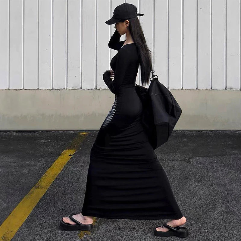 Square Collar Long Sleeve Dress High Waist Abstract Stripe Body Dress Wrap Mermaid Dres
